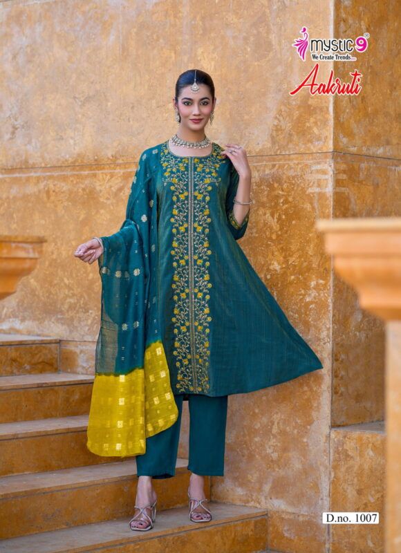 Buy Mystic 9 Aakruti Vol 1 Vertican Shimmer Flaired Top With Bottom And Dupatta Wholesale 2026