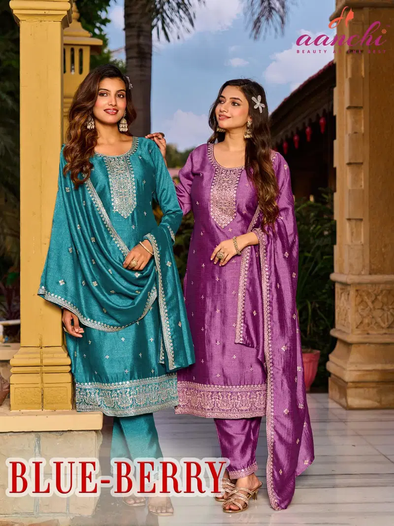 Aanchi Blue Berry Vichitra Silk Embroidered Kurti With Bottom Dupatta Wholesale
