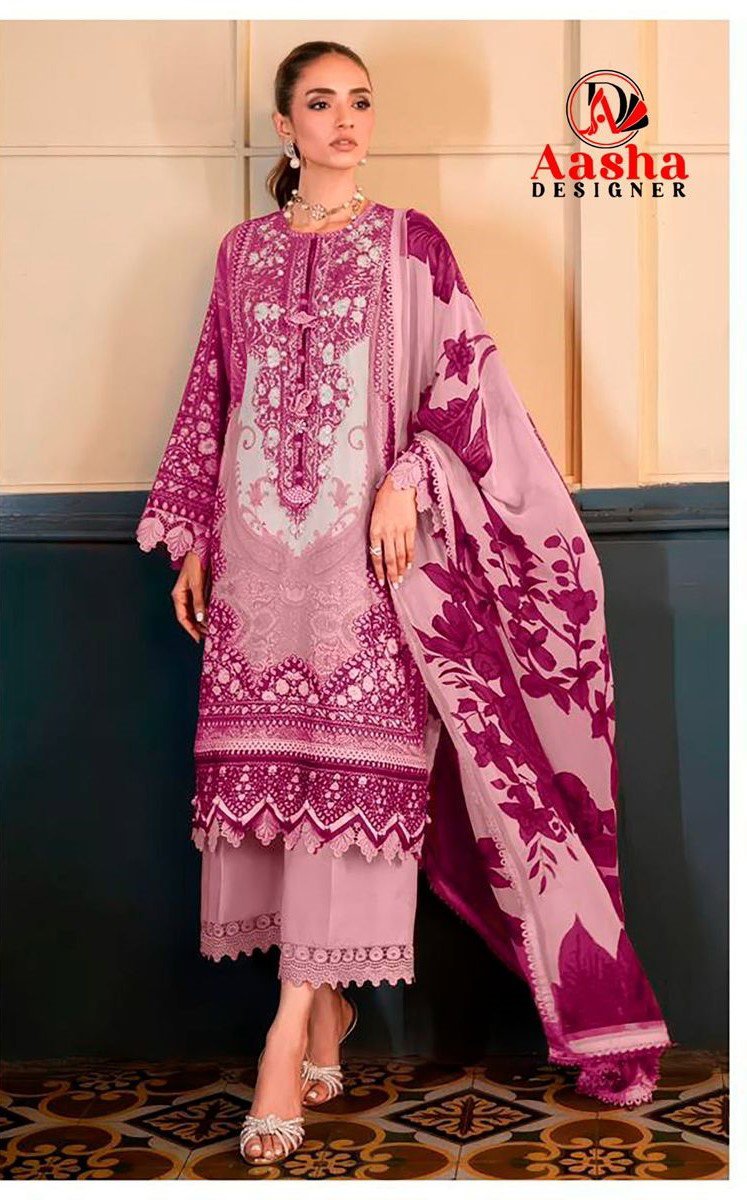 Aasha 1033 And 1034 Chiffon Dupatta Cotton Printed Embroidery Worked Pakistani Salwar Kameez Wholesale