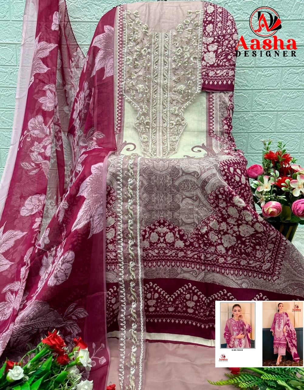 Buy Aasha 1033 And 1034 Chiffon Dupatta Cotton Printed Embroidery Worked Pakistani Salwar Kameez Wholesale 2026