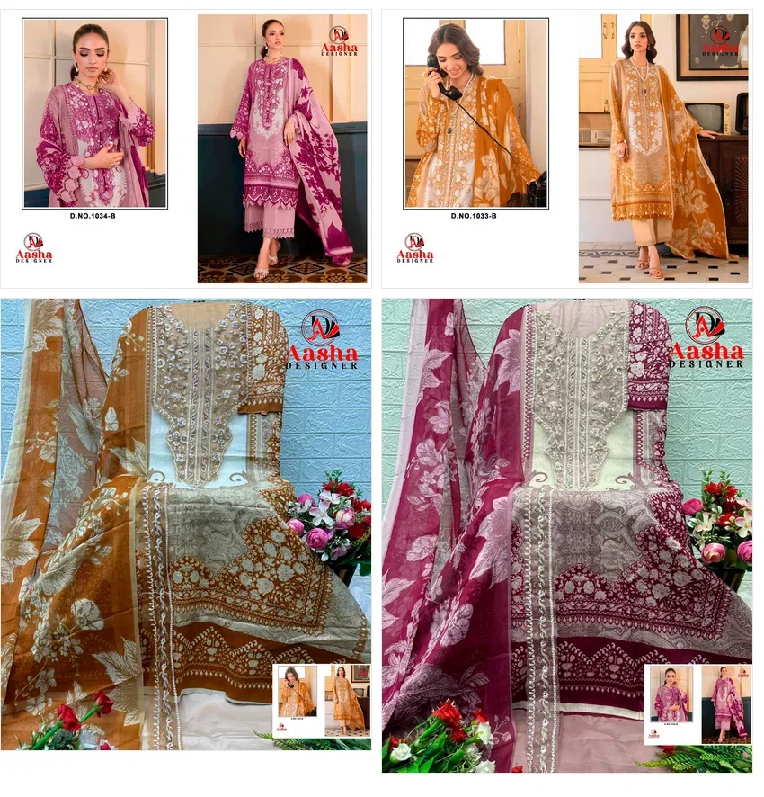Buy Aasha 1033 And 1034 Chiffon Dupatta Cotton Printed Embroidery Worked Pakistani Salwar Kameez Wholesale 2026