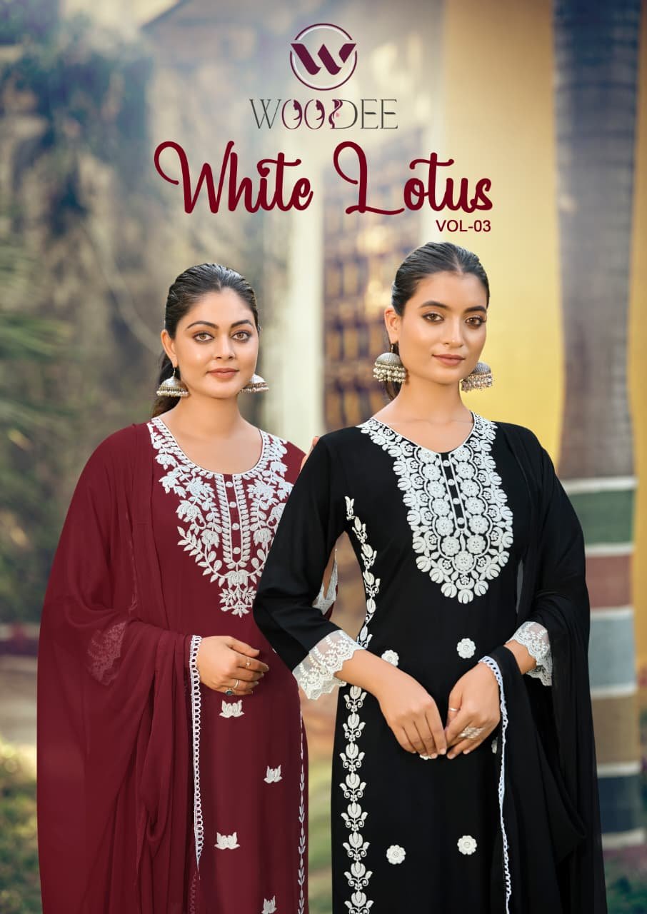Woodee White Lotus Vol 3 Rayon Thread Worked Kurti With Bottom Dupatta Wholesale