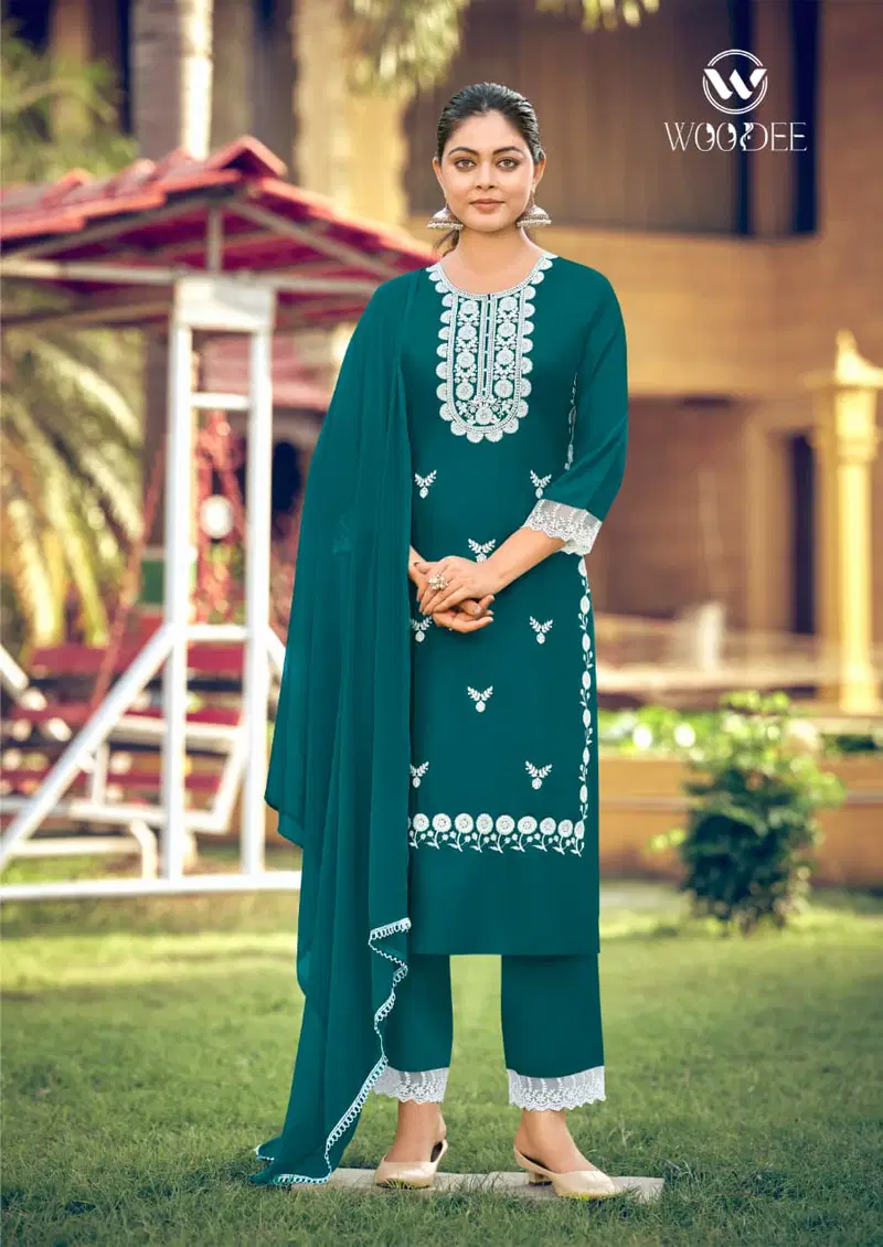 Stylish Woodee White Lotus Vol 3 Rayon Thread Worked Kurti With Bottom Dupatta Wholesale 2026