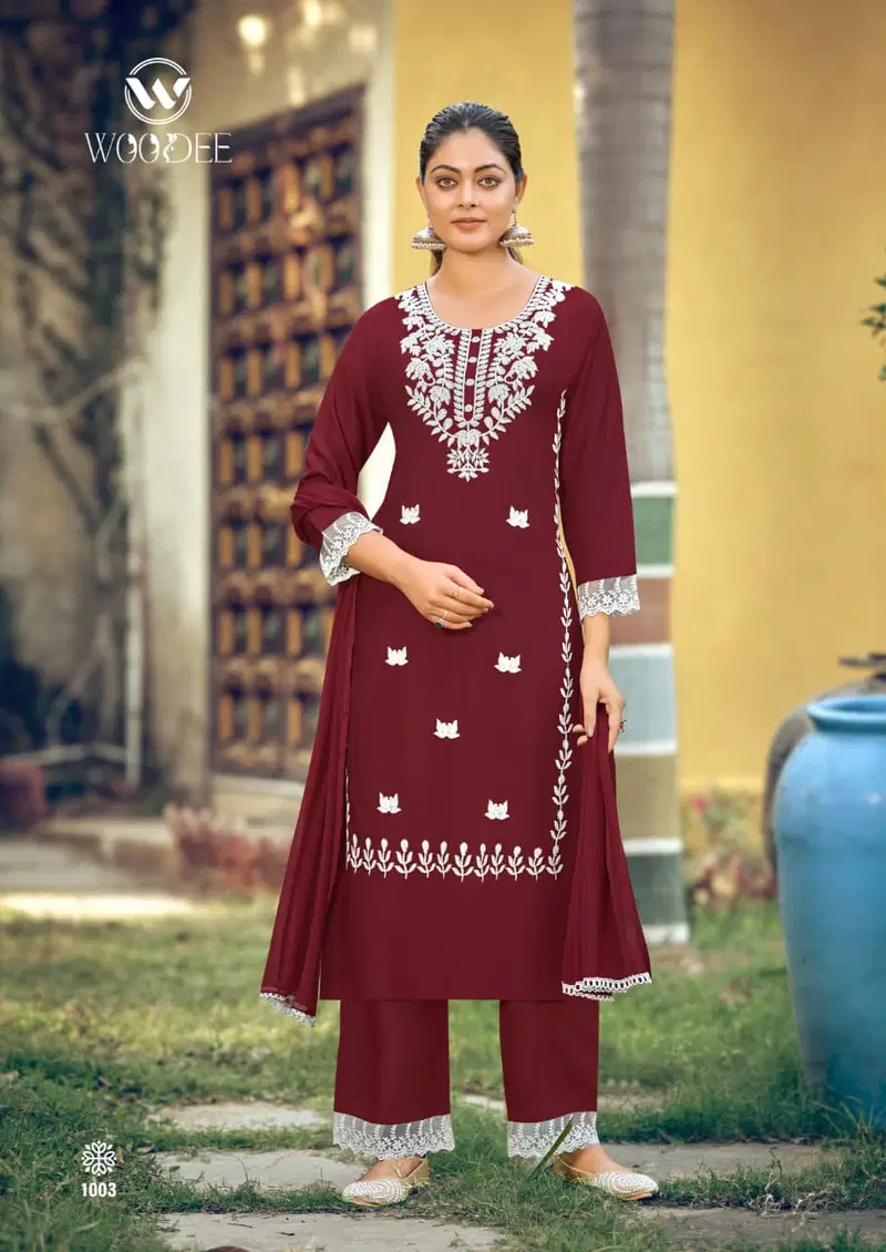 Stylish Woodee White Lotus Vol 3 Rayon Thread Worked Kurti With Bottom Dupatta Wholesale 2026