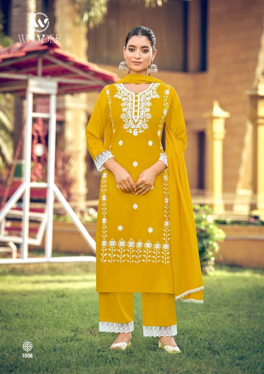 Stylish Woodee White Lotus Vol 3 Rayon Thread Worked Kurti With Bottom Dupatta Wholesale 2026