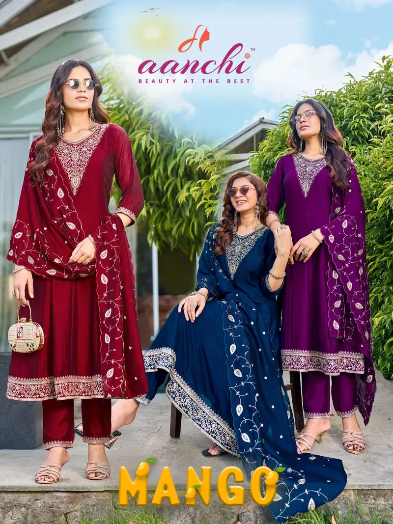 Aanchi Mango Vichitra Silk Embroidered Kurti With Bottom Dupatta Wholesale