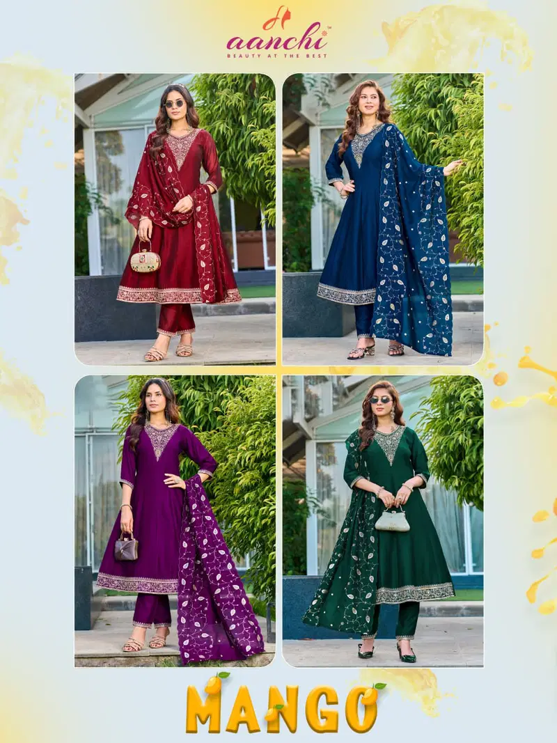 Latest Aanchi Mango Vichitra Silk Embroidered Kurti With Bottom Dupatta Wholesale 2026