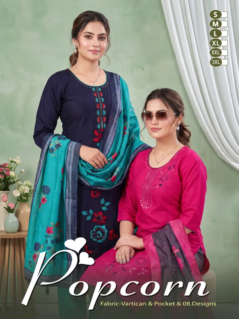Popcorn Vol 8 Vertican Plain Embroidery Worked Kurti Set Collection Wholesale