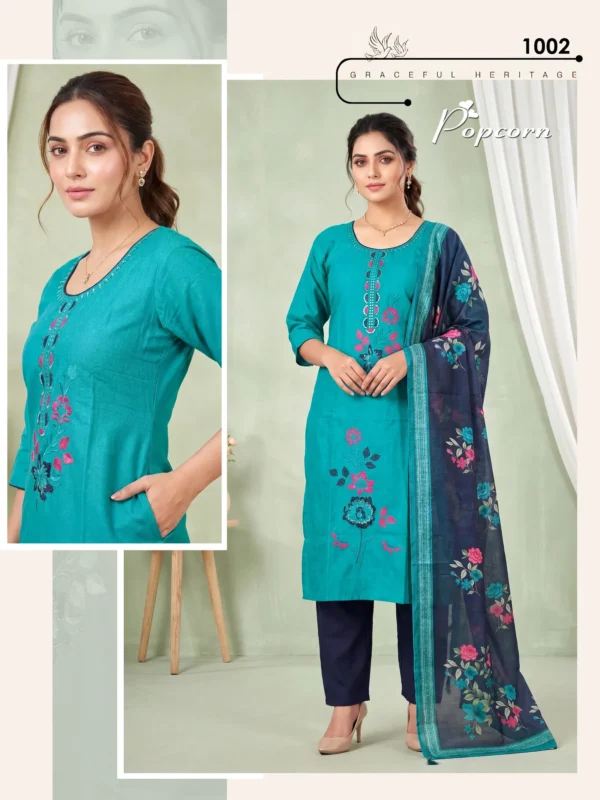 Stylish Popcorn Vol 8 Vertican Plain Embroidery Worked Kurti Set Collection Wholesale 2026