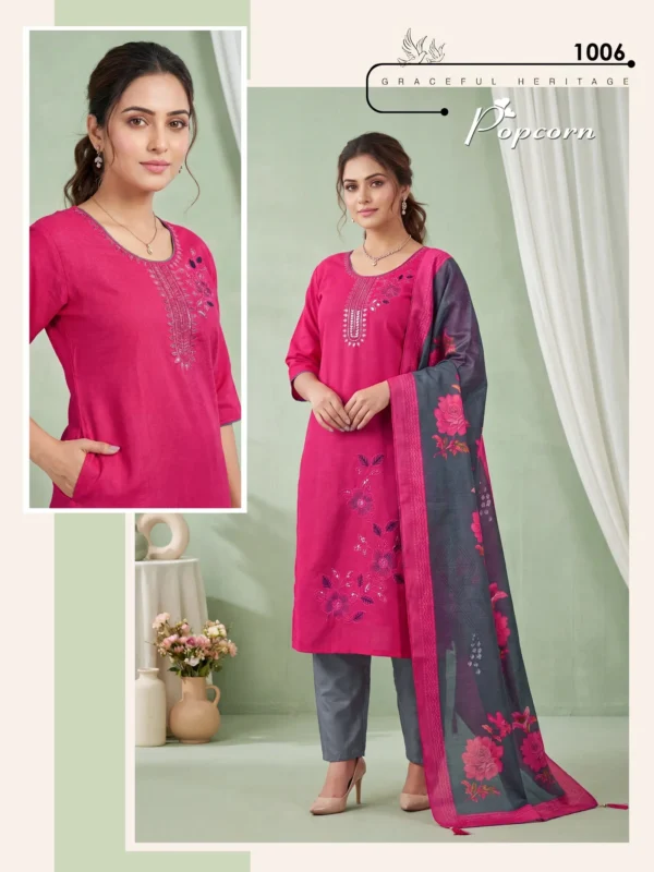 Stylish Popcorn Vol 8 Vertican Plain Embroidery Worked Kurti Set Collection Wholesale 2026