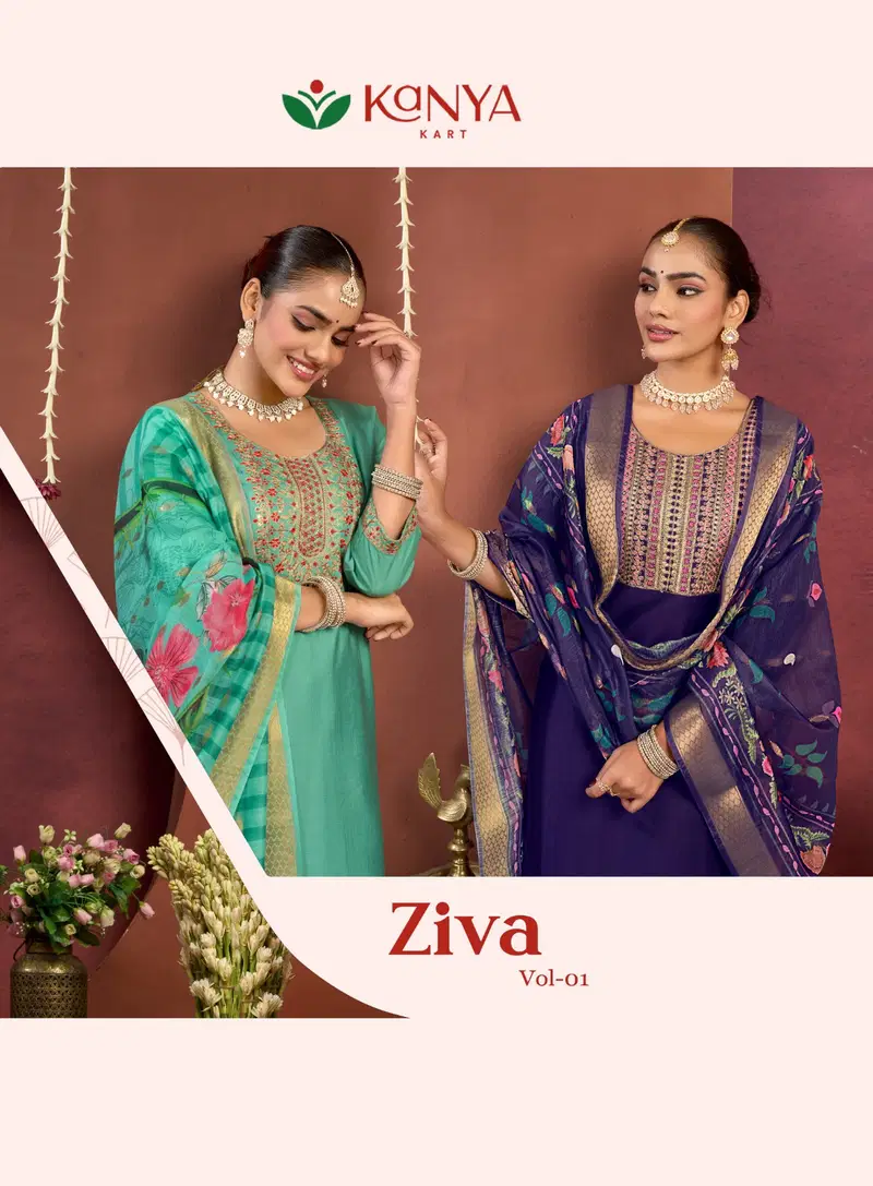 Kanya Ziva Vol 1 Vertican Embroidered Kurti With Bottom Dupatta Wholesale