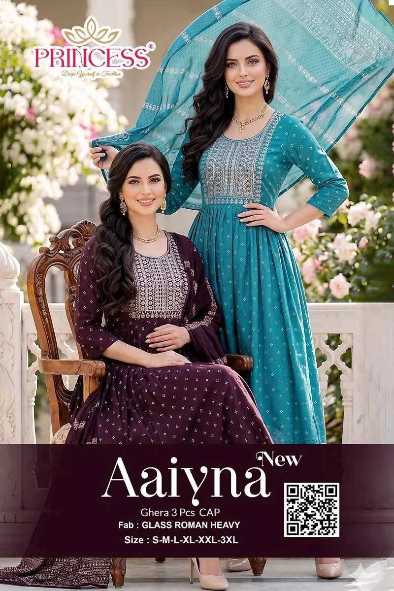 Princess New Aaiyna Glass Roman Embroidered Kurti Set Collection Wholesale