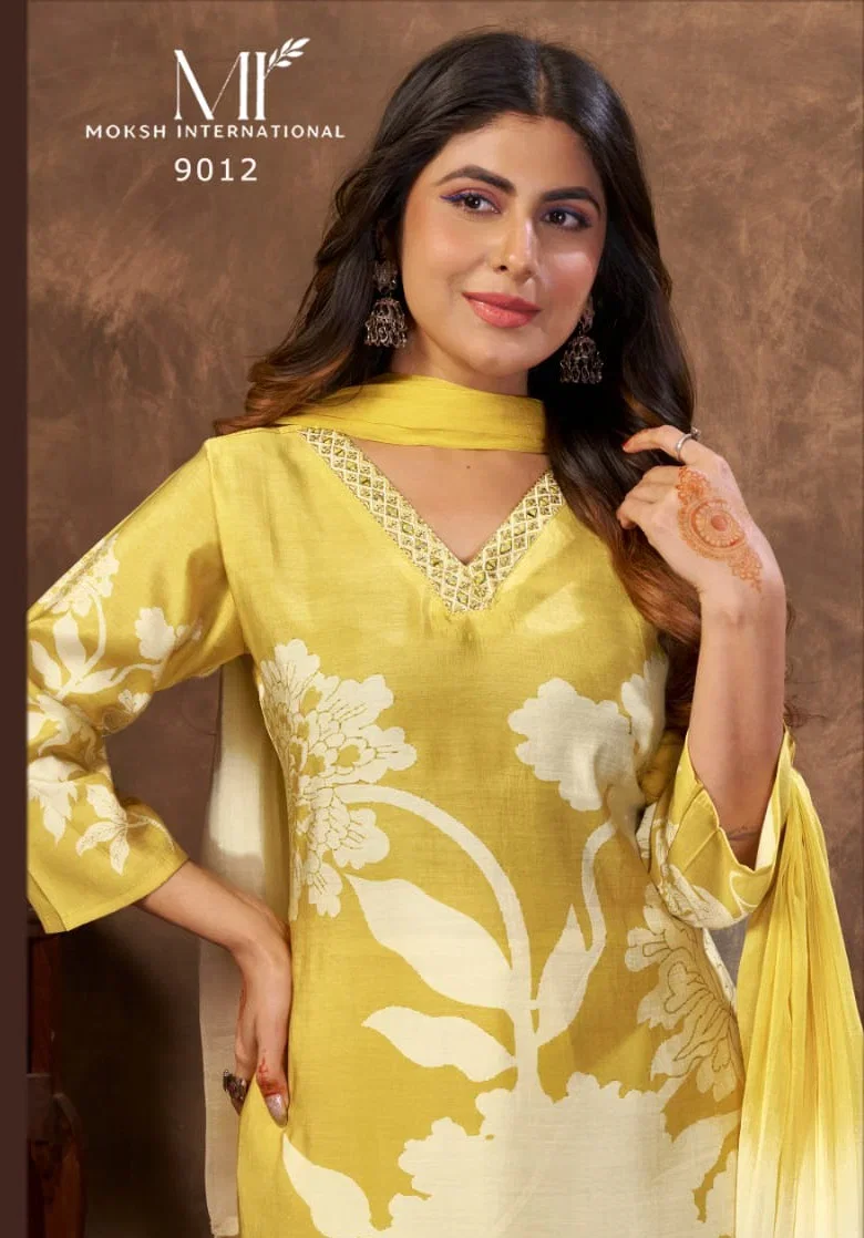 Moksh Kaashvi D No 9012 Chanderi Hand Worked Kurti With Bottom Dupatta Wholesale