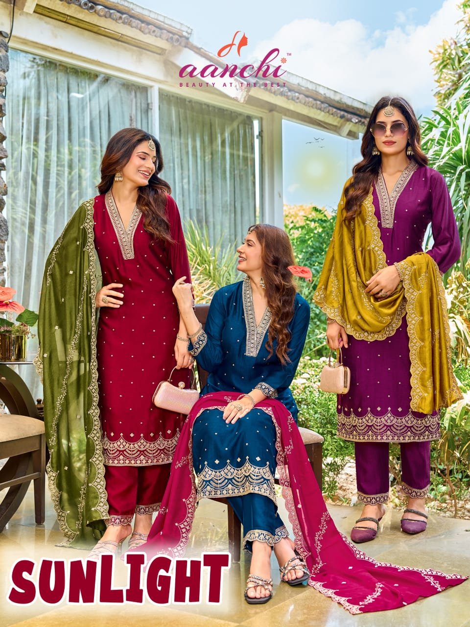 Aanchi Sunlight Vichitra Silk Embroidered Kurti With Bottom Dupatta Wholesale