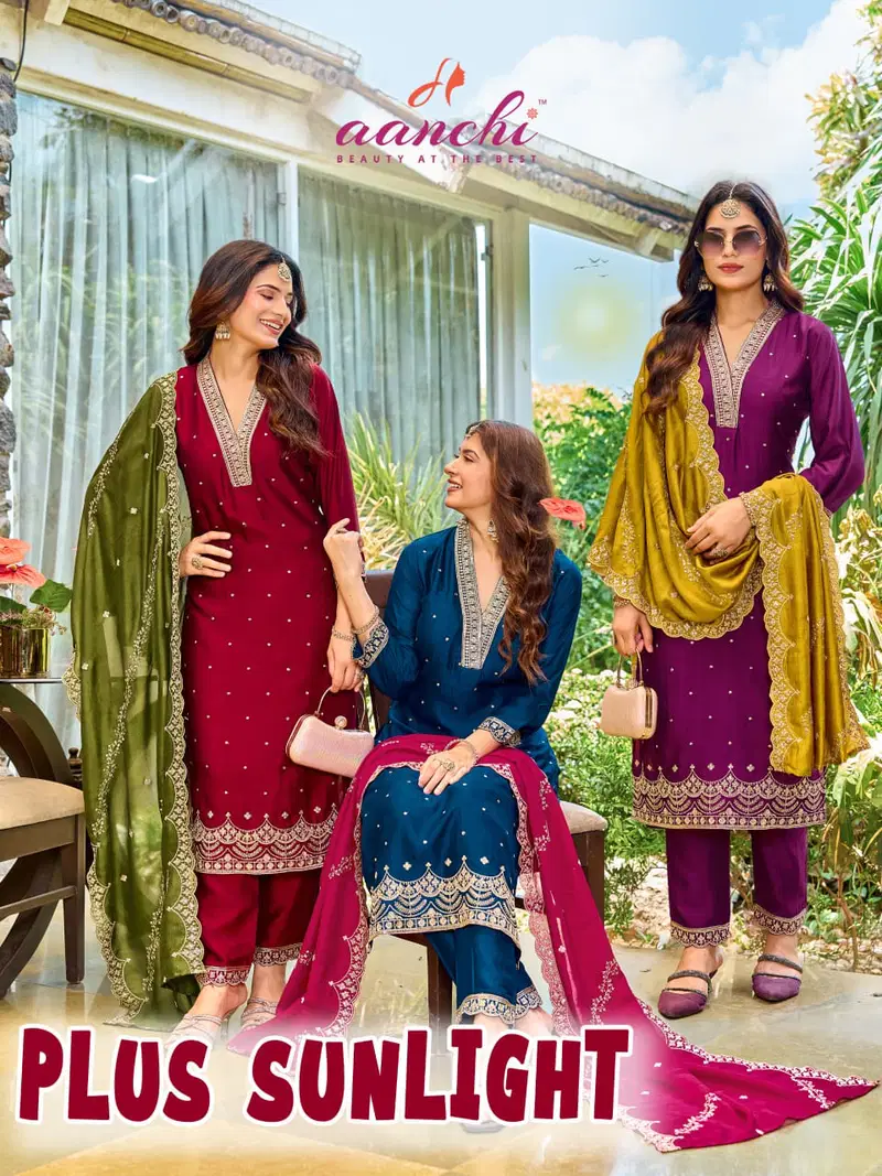 Aanchi Plus Sunlight Vichitra Silk Embroidered Kurti With Bottom Dupatta Wholesale