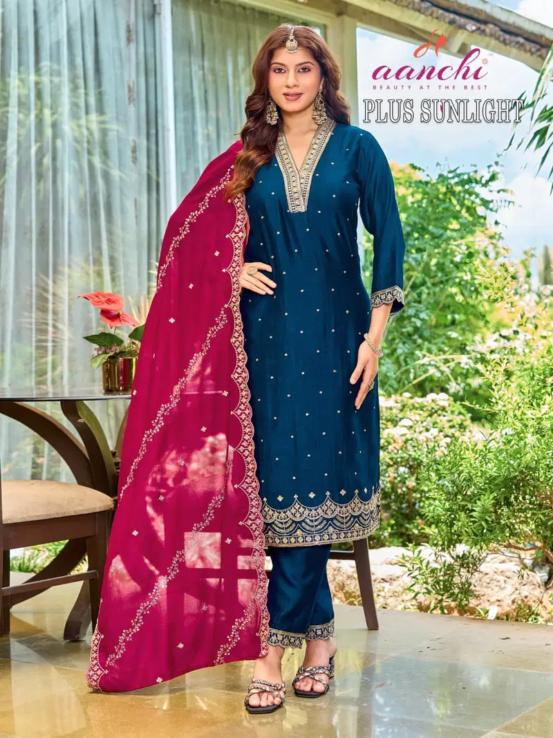 Buy Aanchi Plus Sunlight Vichitra Silk Embroidered Kurti With Bottom Dupatta Wholesale 2026