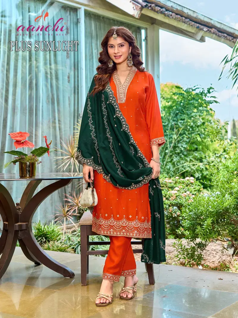 Buy Aanchi Plus Sunlight Vichitra Silk Embroidered Kurti With Bottom Dupatta Wholesale 2026