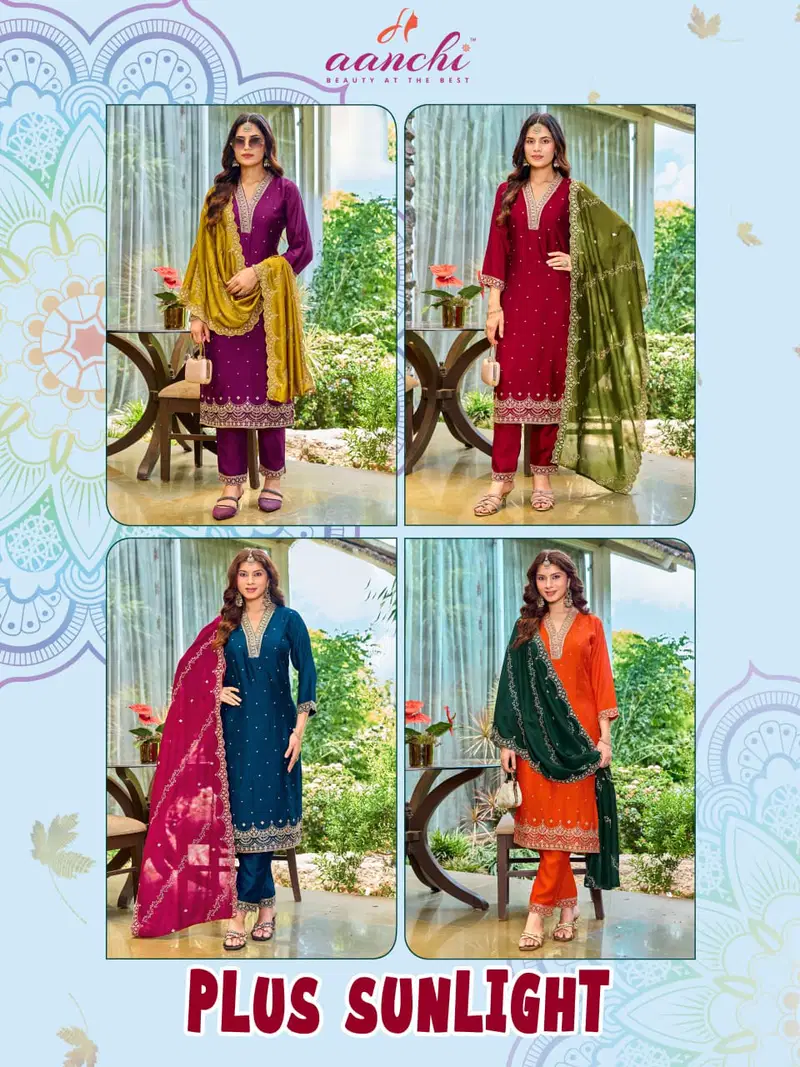 Buy Aanchi Plus Sunlight Vichitra Silk Embroidered Kurti With Bottom Dupatta Wholesale 2026