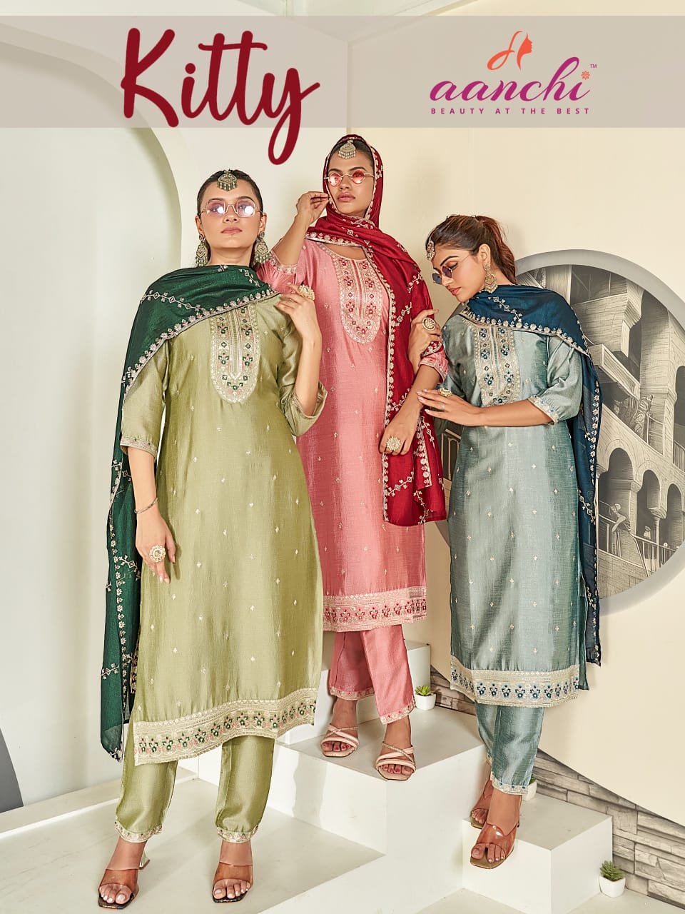 Aanchi Kitty Vichitra Silk Embroidered Kurti With Bottom Dupatta Wholesale