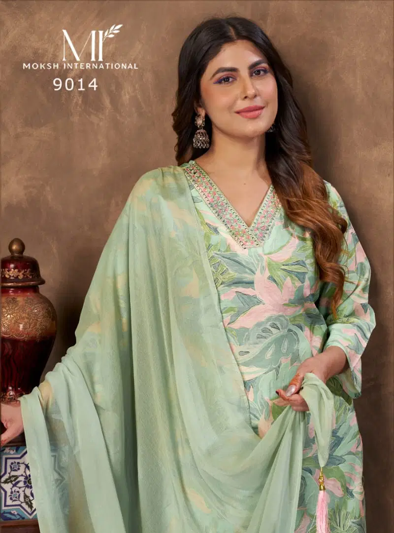 Moksh Kaashvi D No 9014 Chanderi Hand Worked Kurti With Bottom Dupatta Wholesale