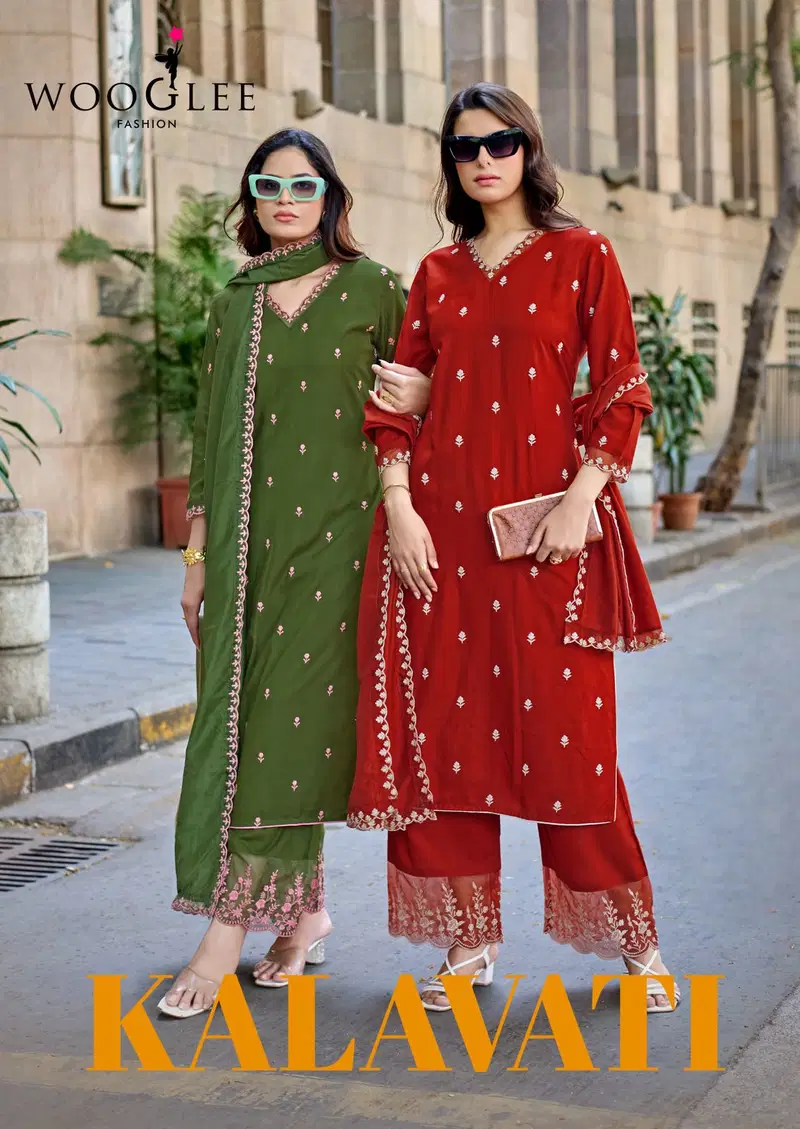 Wooglee Kalavati Rayon Thread Worked Kurti With Bottom Dupatta Wholesale