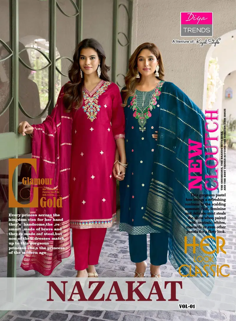 Nazakat Vol 1 By Diya Trends Barlin Embroidered Kurti With Bottom Dupatta Wholesale
