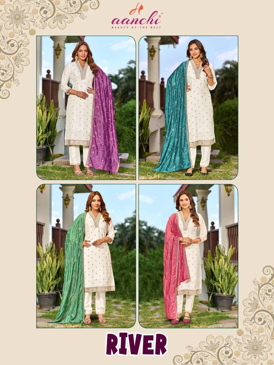 Launching Aanchi River Vichitra Silk Embroidered Kurti With Bottom Dupatta Wholesale 2026