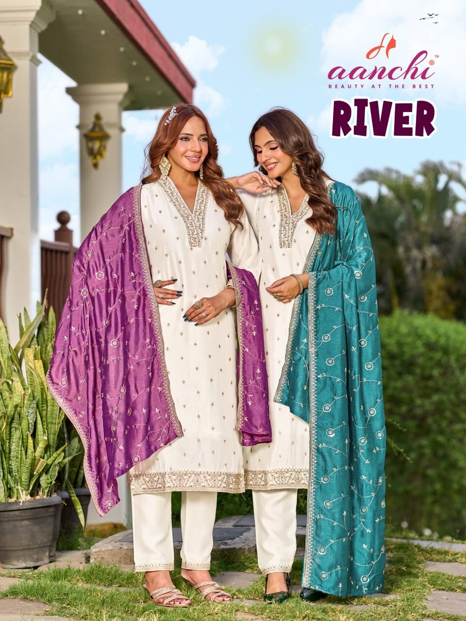 Aanchi River Vichitra Silk Embroidered Kurti With Bottom Dupatta Wholesale