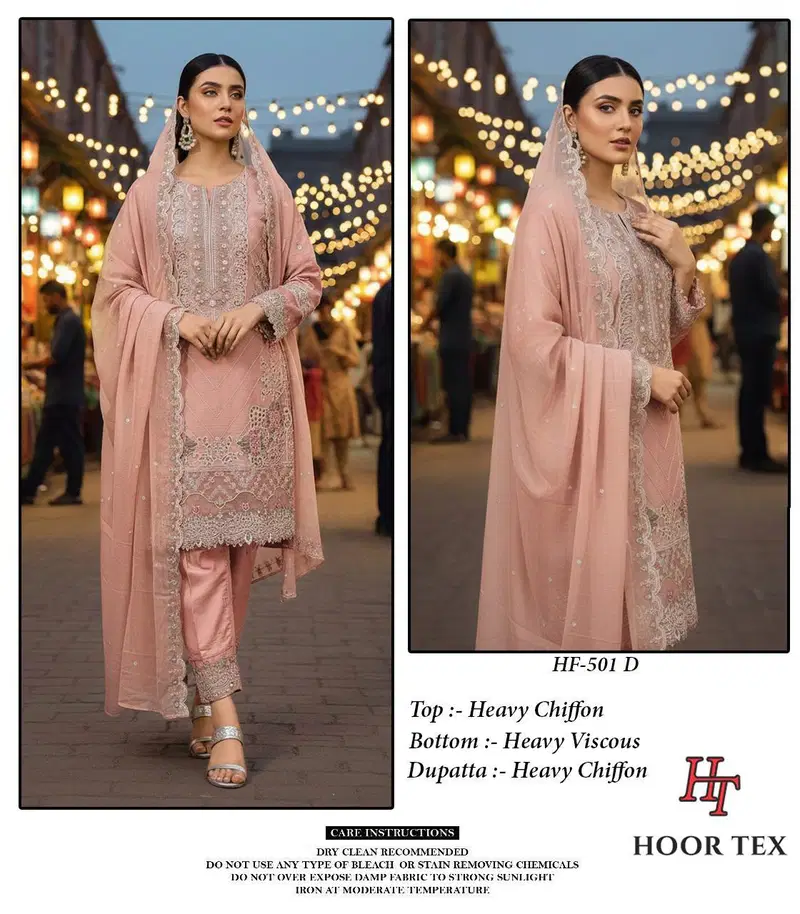 Latest Hoor Tex 501 A To D Heavy Chiffon Pakistani Salwar Suit Collection Wholesale 2026