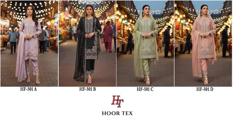Latest Hoor Tex 501 A To D Heavy Chiffon Pakistani Salwar Suit Collection Wholesale 2026