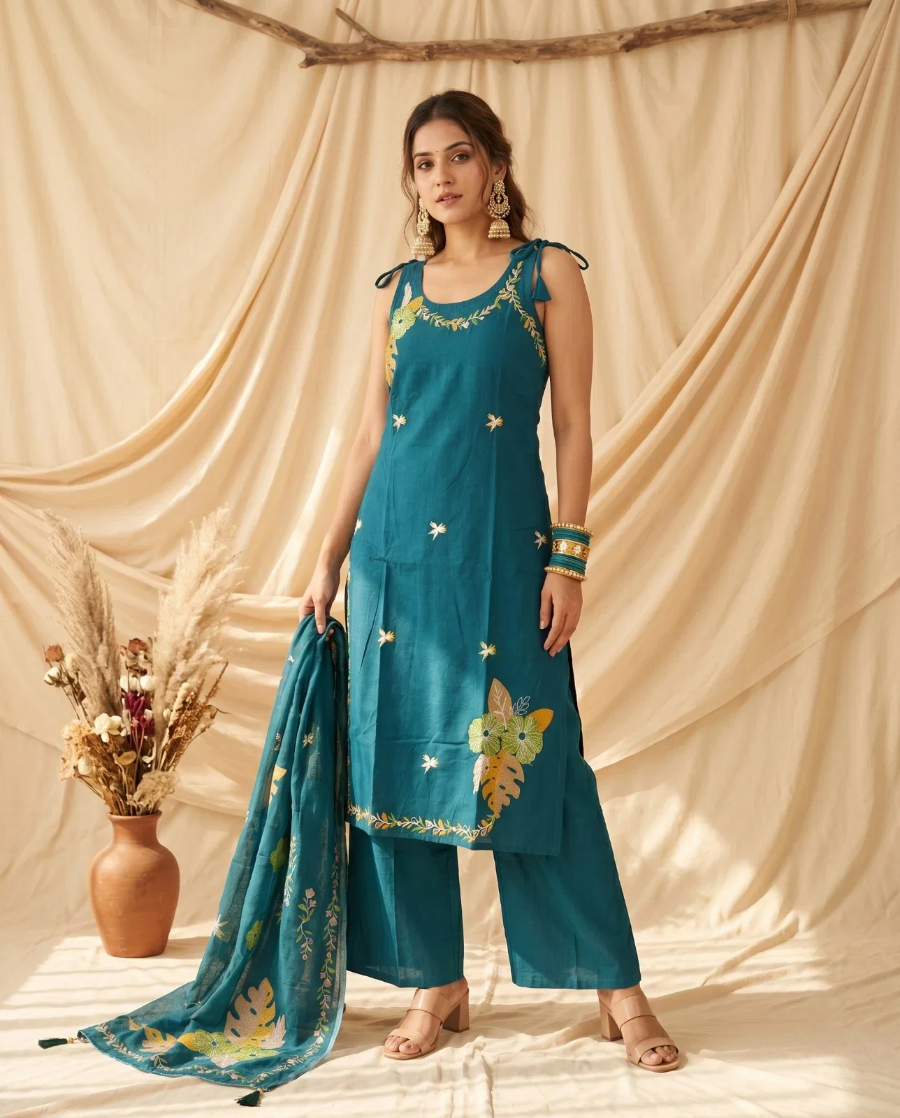 Naisha K 976 Dhabu Cotton Embroidered Kurti With Bottom Dupatta Wholesale