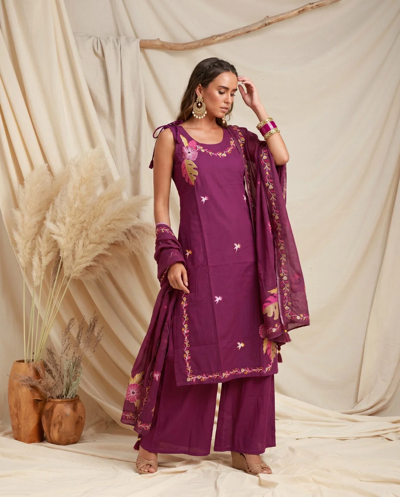 Naisha K 976 Dhabu Cotton Embroidered Kurti With Bottom Dupatta Wholesale