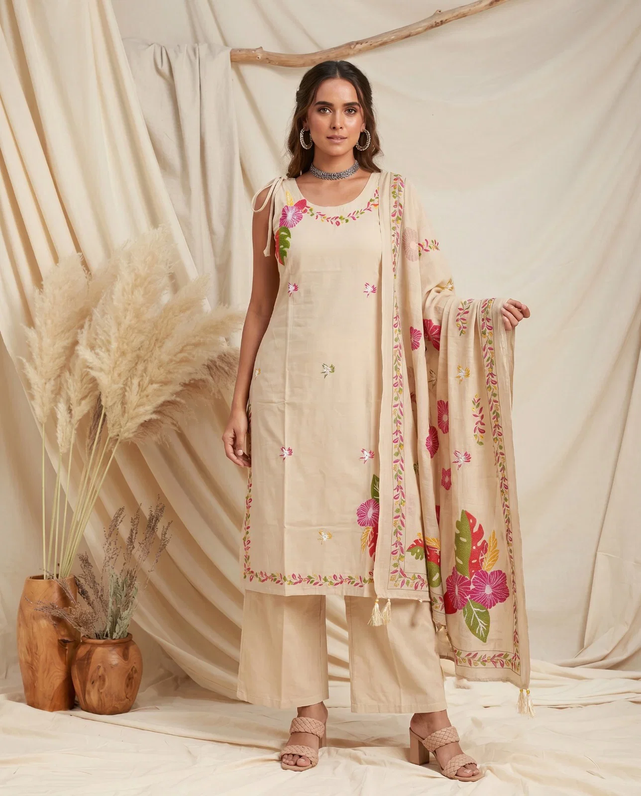 Naisha K 976 Dhabu Cotton Embroidered Kurti With Bottom Dupatta Wholesale