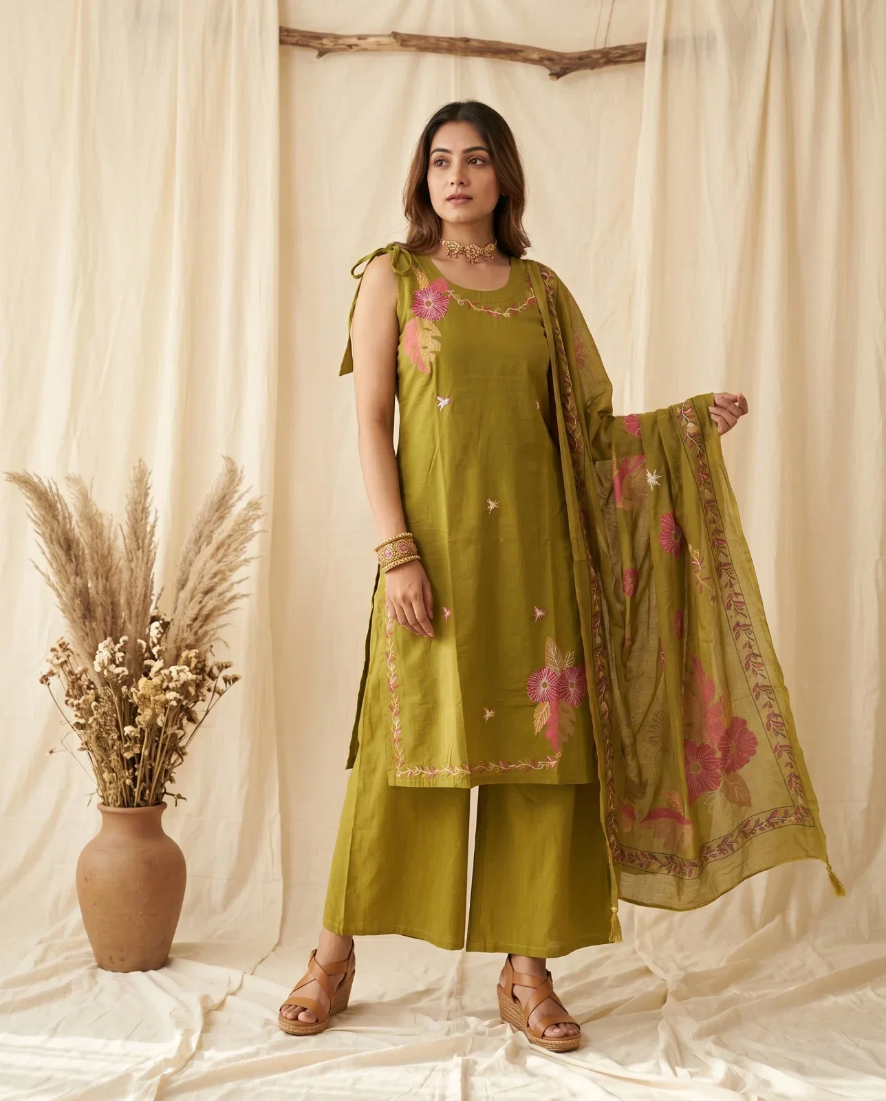 Naisha K 976 Dhabu Cotton Embroidered Kurti With Bottom Dupatta Wholesale