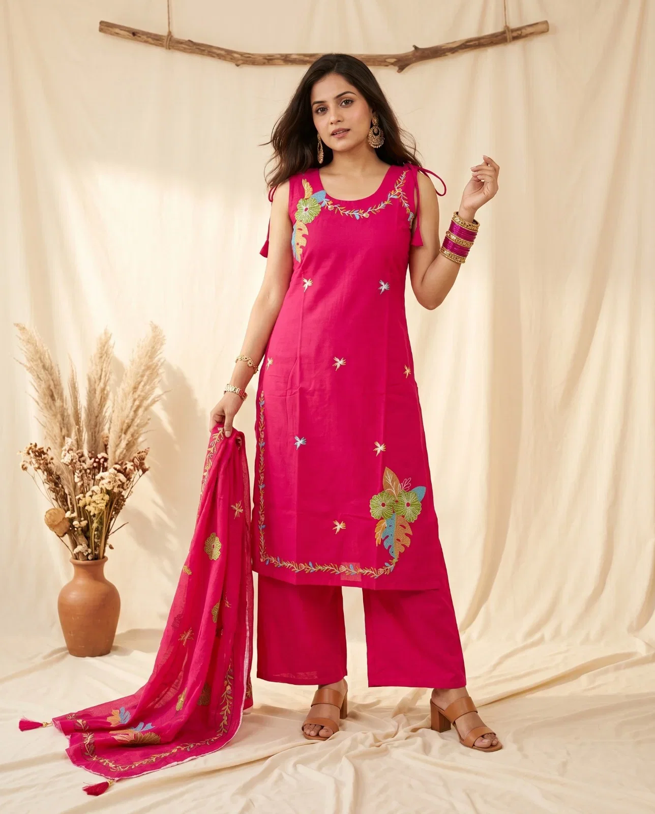 Naisha K 976 Dhabu Cotton Embroidered Kurti With Bottom Dupatta Wholesale