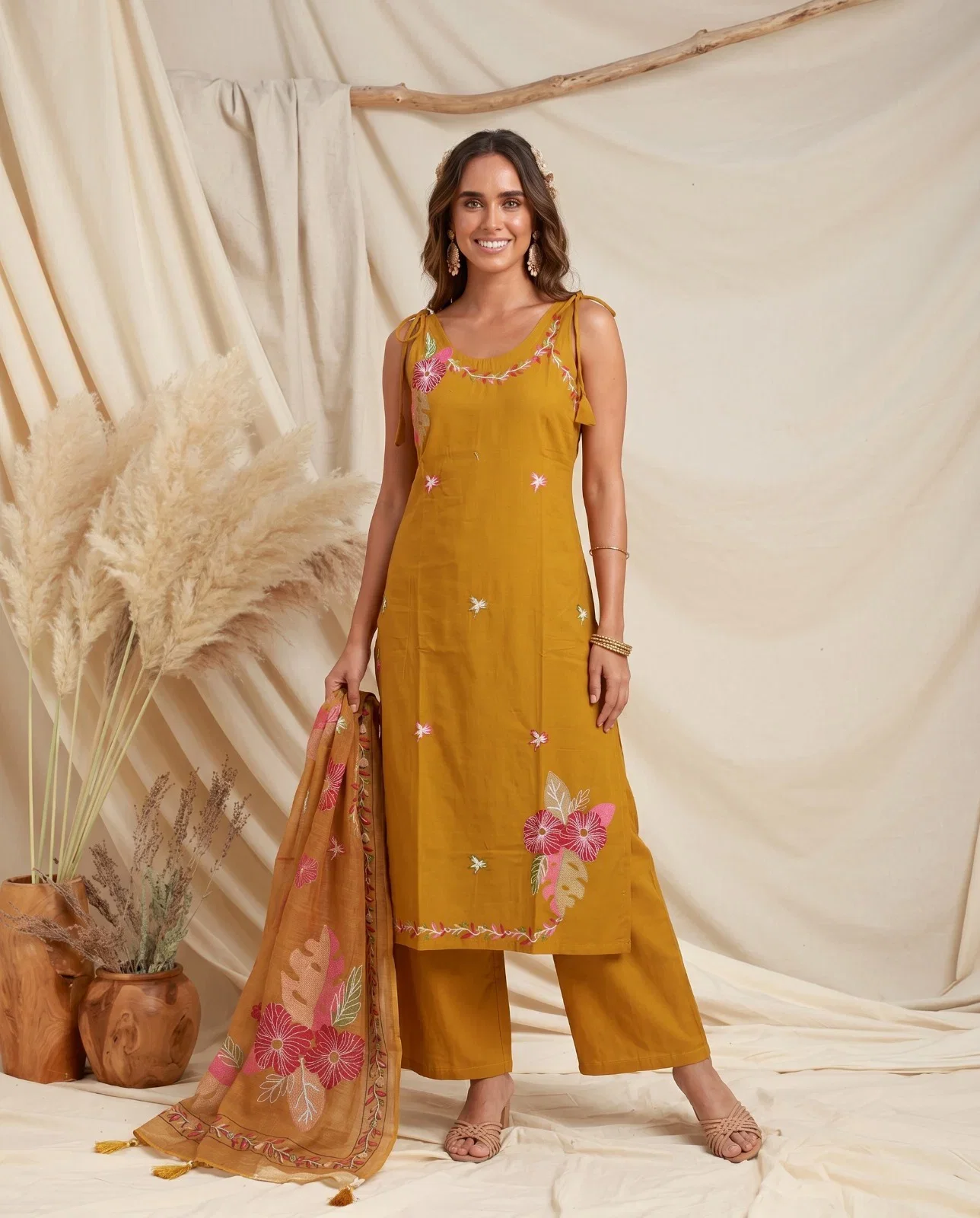 Naisha K 976 Dhabu Cotton Embroidered Kurti With Bottom Dupatta Wholesale