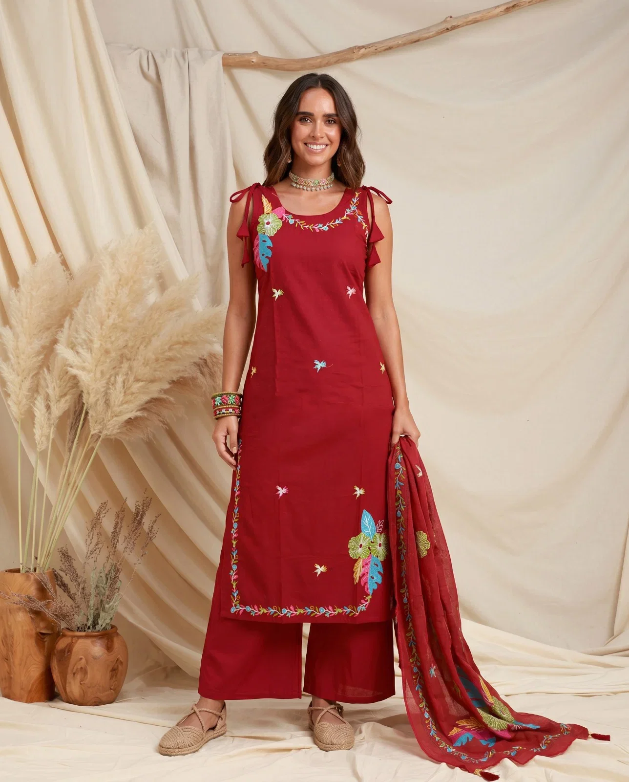 Naisha K 976 Dhabu Cotton Embroidered Kurti With Bottom Dupatta Wholesale