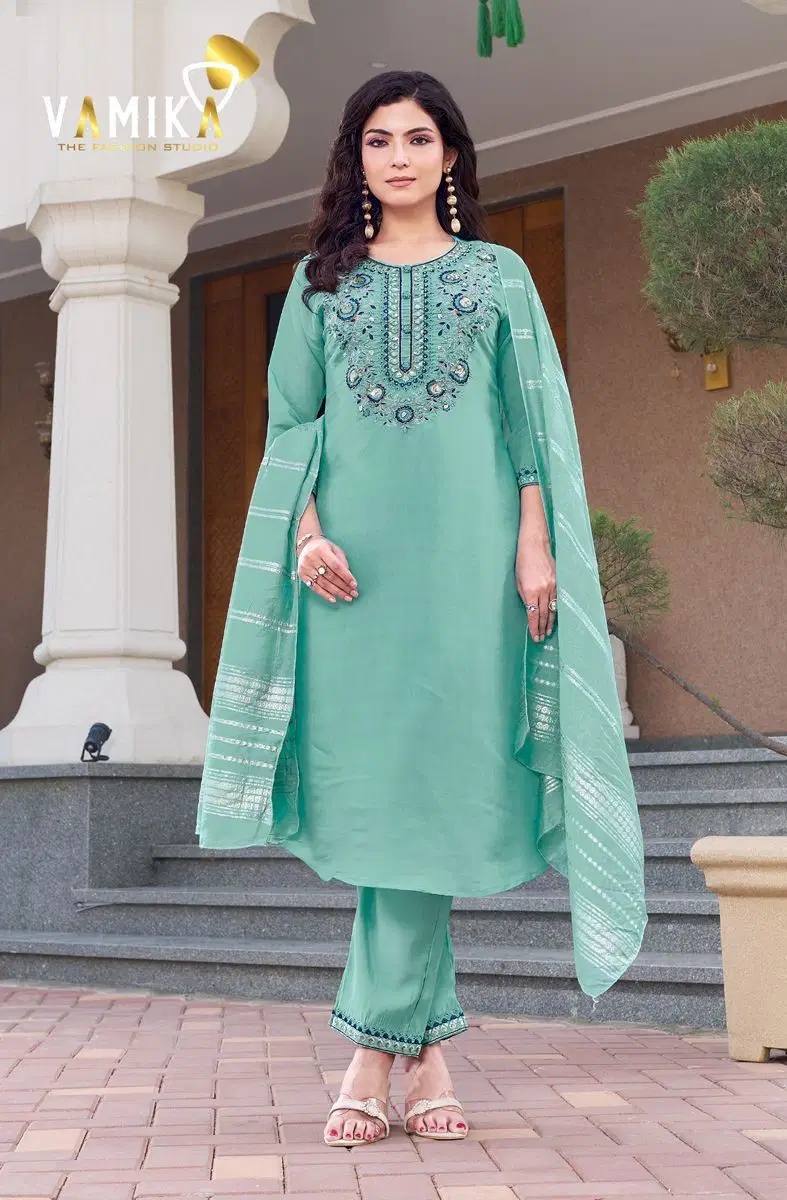 Vamika Amora Viscose Roman With Handwork Kurti Bottom With Dupatta Wholesale