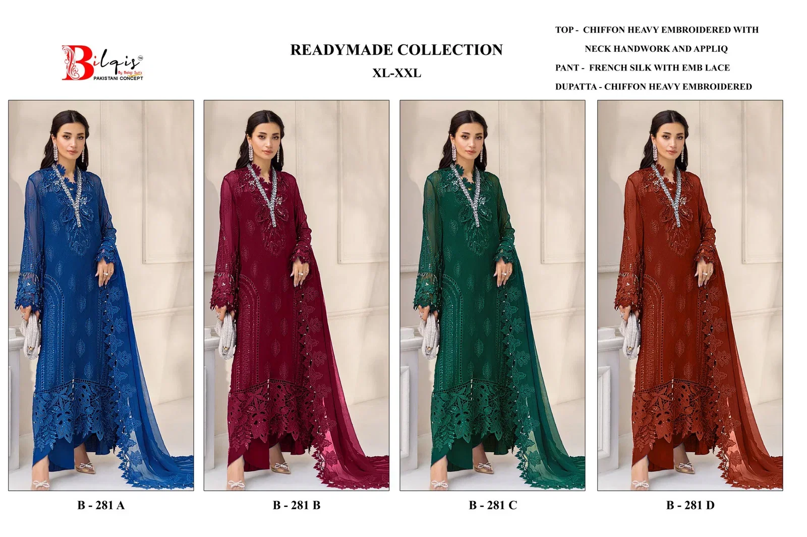 Launching Bilqis B 281 A TO D Chiffon Embroidered Salwar Kameez Collection Wholesale 2026