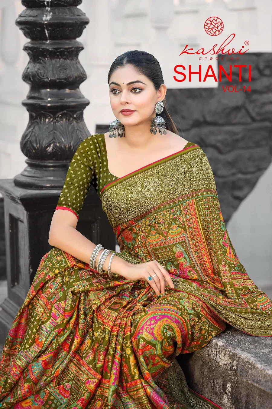 Kashvi Shanti Vol 14 Bright Moss Foil Printed Saree Collection Wholesale