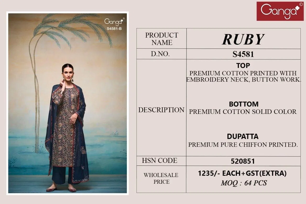 Buy Ganga Ruby 4581 Cotton Printed Salwar Kameez Collection Wholesale 2026