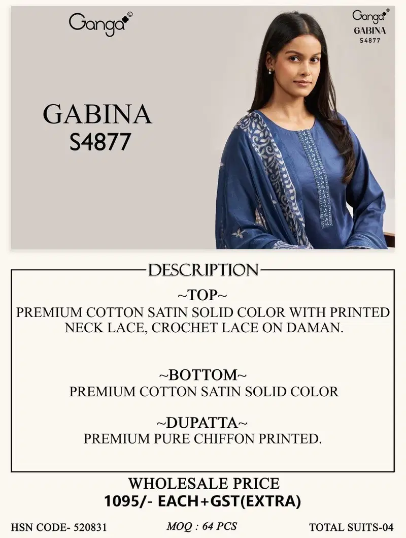 Beautiful Ganga Gabina 4877 Cotton Satin Printed Salwar Kameez Wholesale 2026