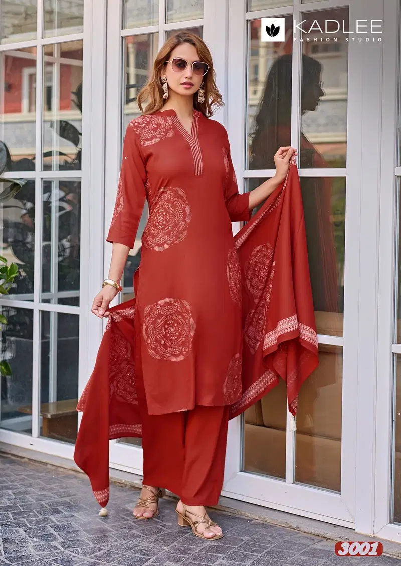 Latest Kadlee Kasturam Rayon Print With Hand Worked Kurti With Bottom Dupatta Wholesale 2026