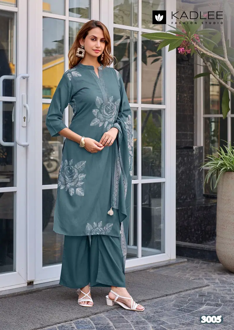 Latest Kadlee Kasturam Rayon Print With Hand Worked Kurti With Bottom Dupatta Wholesale 2026