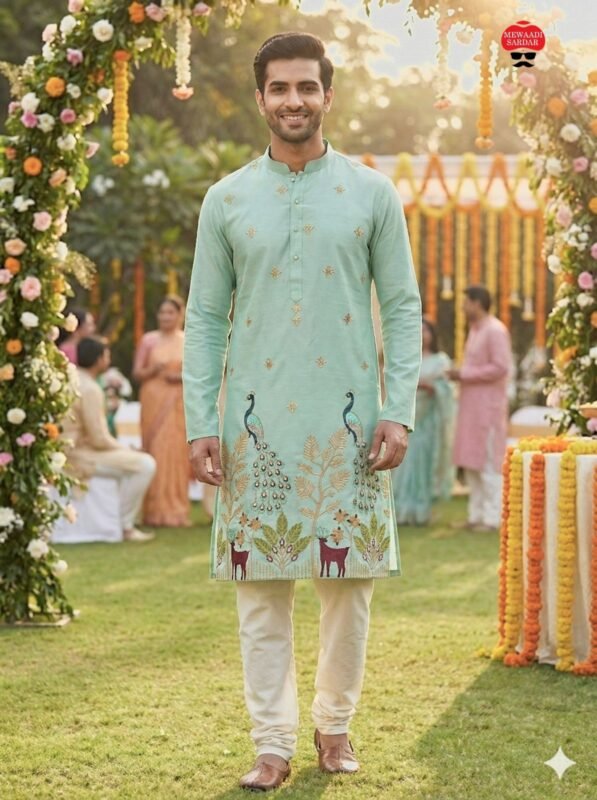 Stylish Lekha LI Manyavar Peacock Pure Silk Thread And Sequins Work Kurta Pajama Wholesale 2026