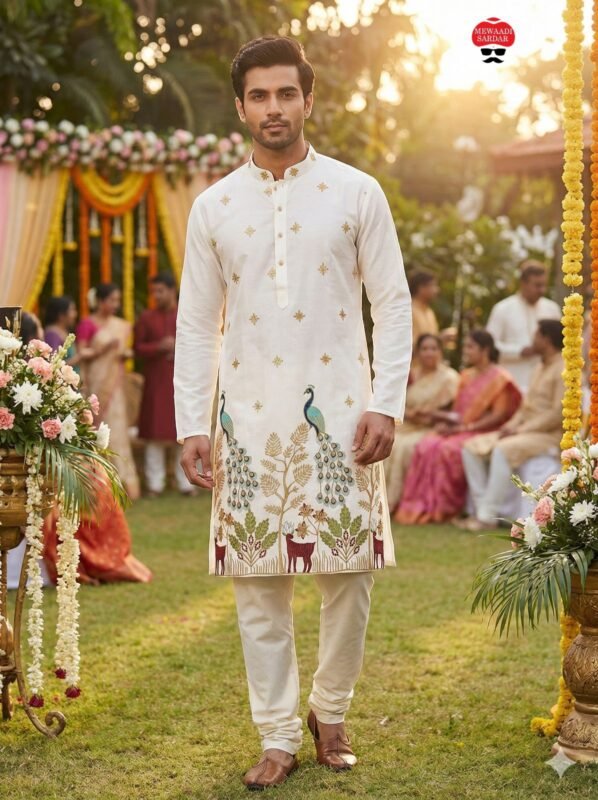 Stylish Lekha LI Manyavar Peacock Pure Silk Thread And Sequins Work Kurta Pajama Wholesale 2026