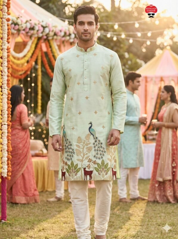 Stylish Lekha LI Manyavar Peacock Pure Silk Thread And Sequins Work Kurta Pajama Wholesale 2026