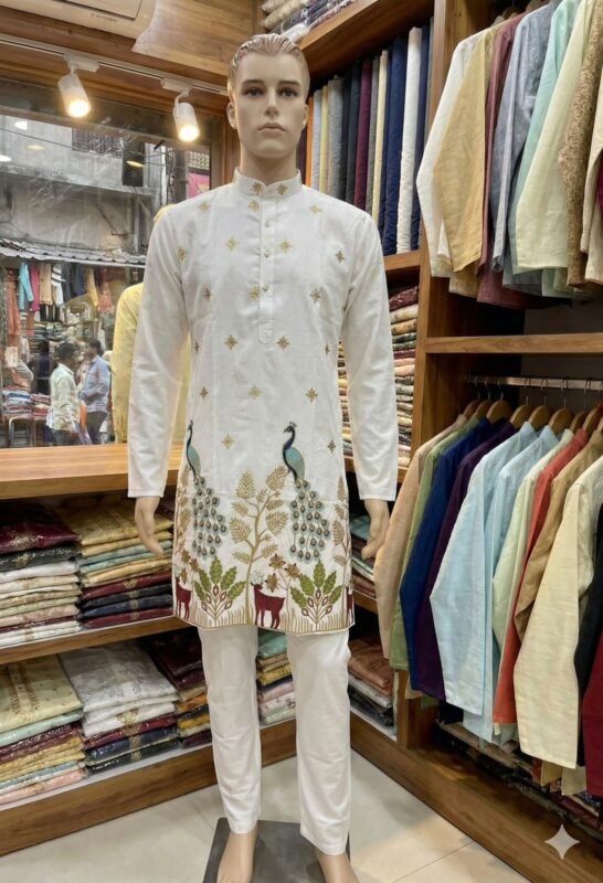 Stylish Lekha LI Manyavar Peacock Pure Silk Thread And Sequins Work Kurta Pajama Wholesale 2026