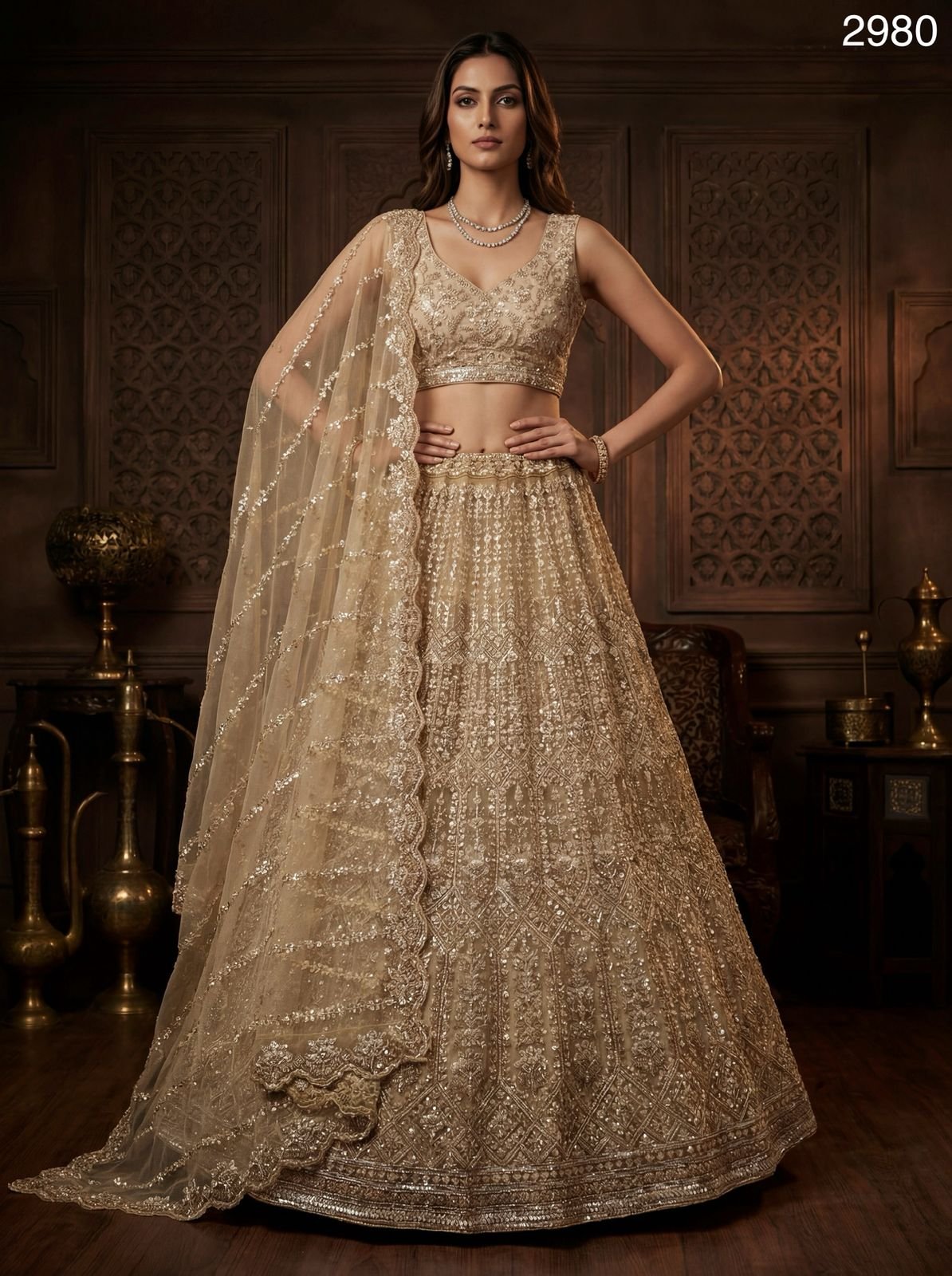 Anjani 2980 Beads and Motif Work Golden Lehenga choli with Designer Dupatta Collection Wholesale