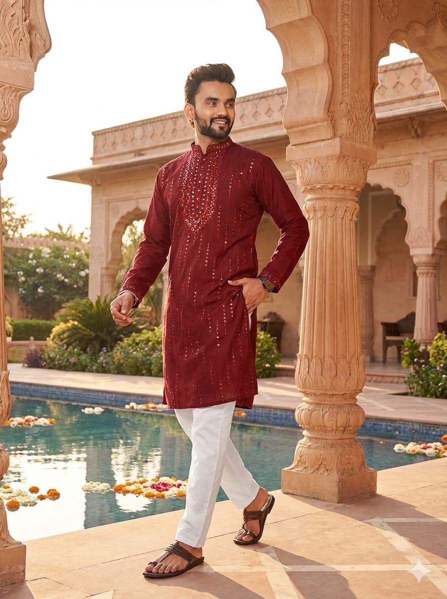 lekha Sal 5 Roman Silk Embroidery And Mirror Work Mens Kurta Pajama Wholesale
